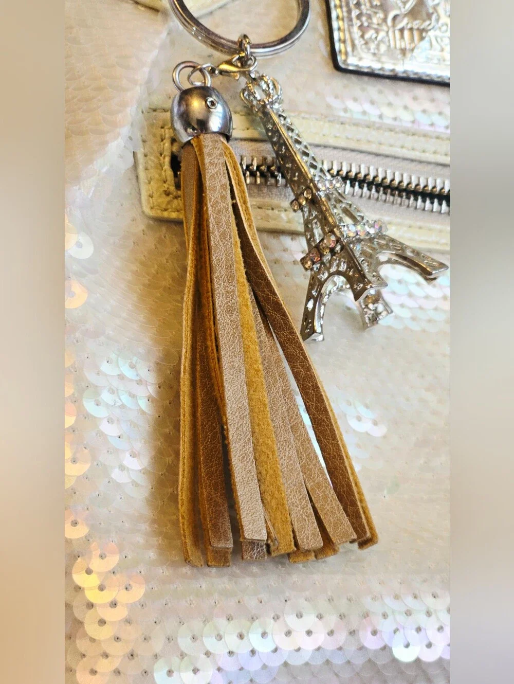 Eiffel Tower Tassel Keychain - Gold Tassel with Silver Charm